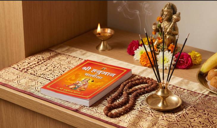 A spiritual setting with the Hanuman Chalisa book, rudraksha beads, and incense sticks, perfect for Hanuman Jayanti prayers.