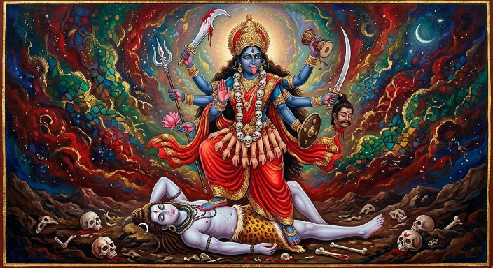 A powerful artistic depiction of Goddess Maha Kali standing on Lord Shiva, symbolizing the union of dynamic energy and static consciousness.