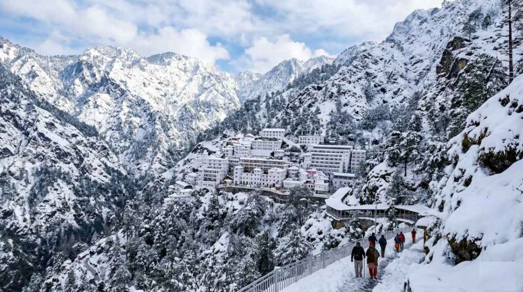 The beautiful snow-capped peaks surrounding the Vaishno Devi Bhawan during the winter season.