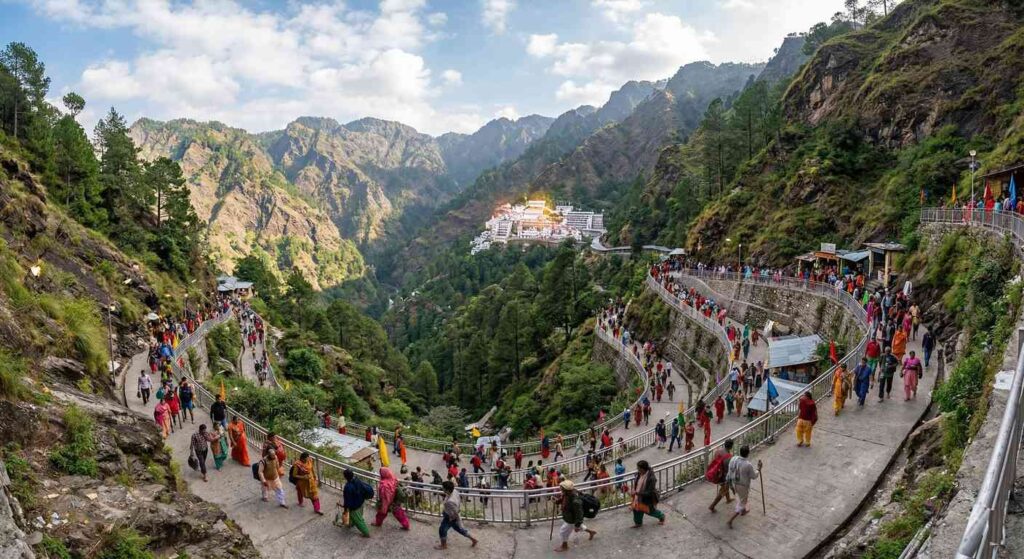 A scenic view of the trekking path to Vaishno Devi Bhawan, showing devotees moving through the Trikuta Hills.