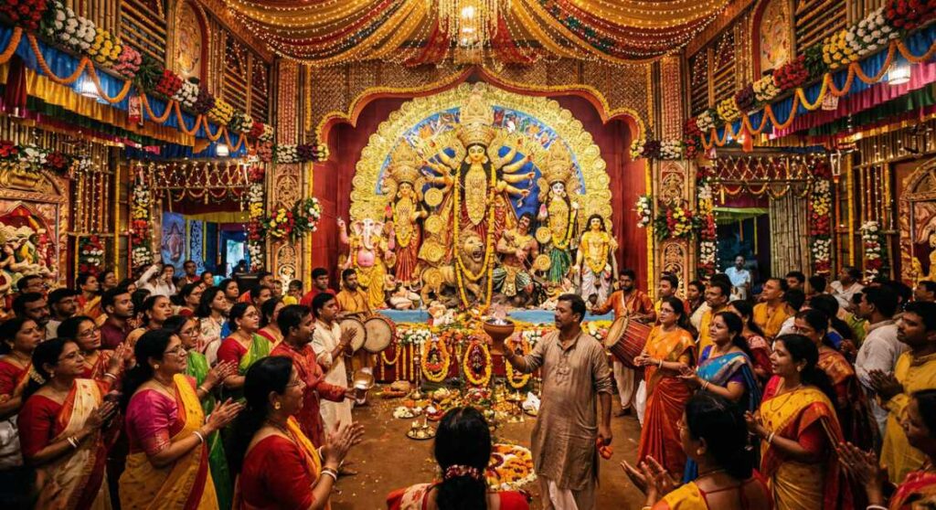 A brightly lit Durga Puja pandal, showcasing the vibrant and festive atmosphere of the Bengali Durga Puja celebrations.