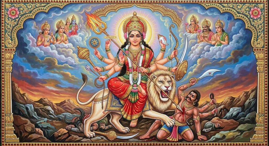A detailed Durga Maa painting showing the various weapons held by the Goddess, each representing a divine power to overcome life's obstacles.