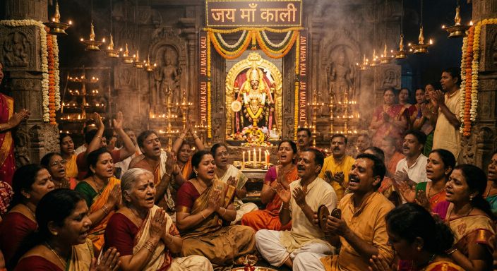 Text: A group of devotees in a temple chanting Jai Maha Kali with deep devotion, surrounded by traditional lamps and incense.