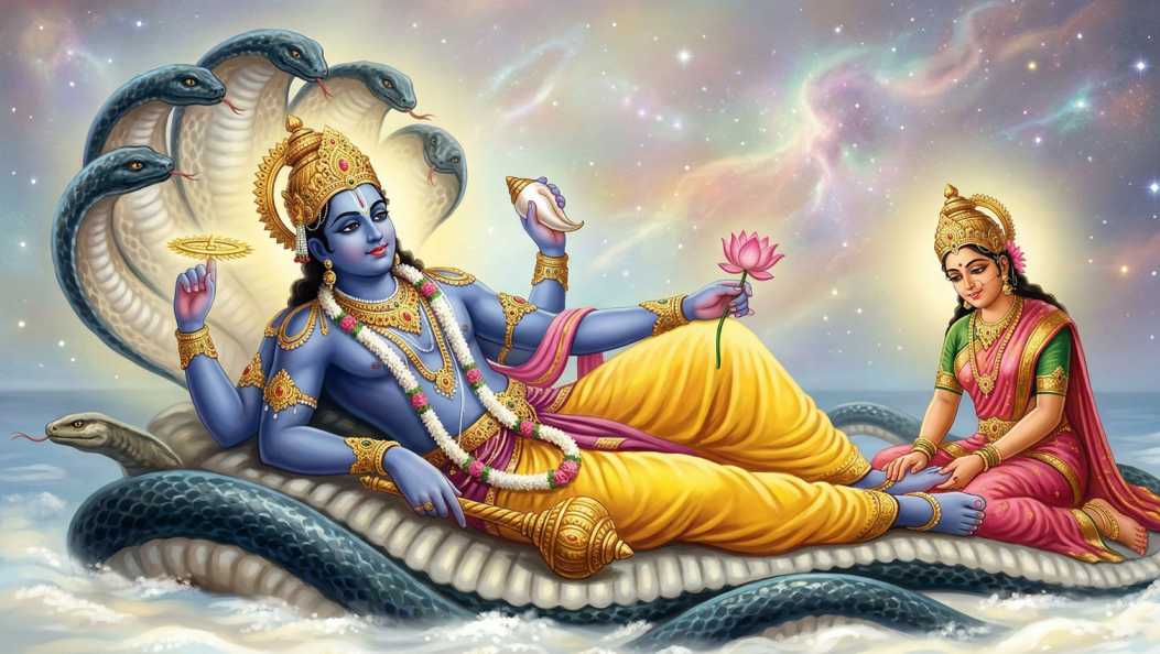 A depiction of Lord Vishnu reclining on the cosmic serpent Sheshnag, symbolizing cosmic sleep and creation.