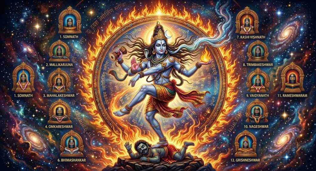 Lord Shiva as Nataraja, the cosmic dancer, symbolizing the divine energy of the Dwadash Jyotirling Stotra.