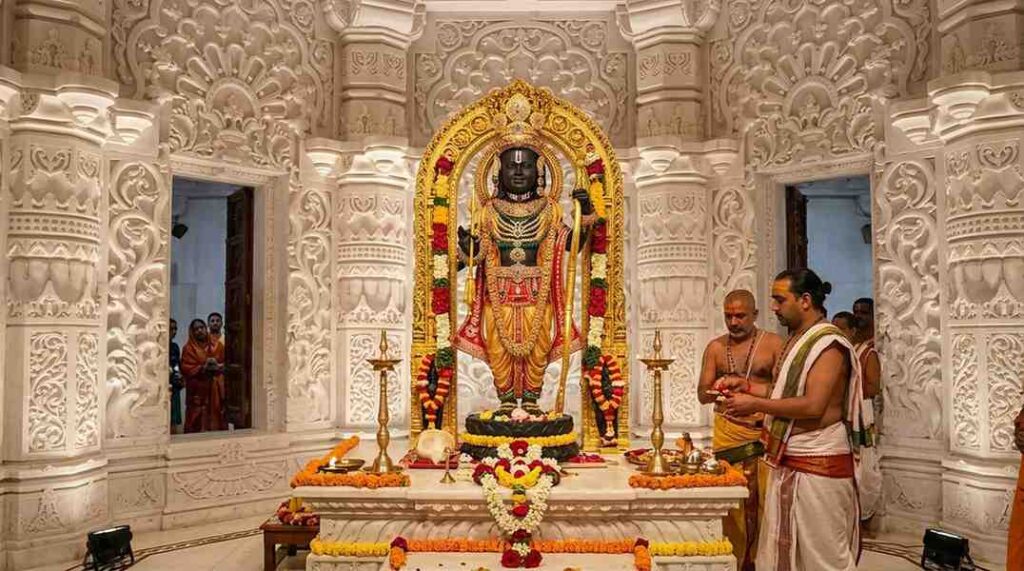 The divine idol of Ram Lalla (infant Lord Ram) enshrined in the Garbhagriha of Ayodhya Ram Mandir.