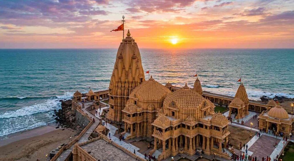 The Somnath Jyotirlinga Temple with the Arabian Sea in the background – a breathtaking view.