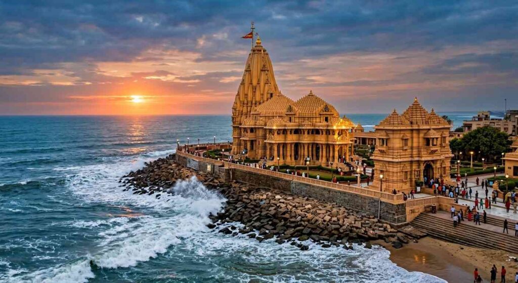 The magnificent Somnath Jyotirlinga Temple, standing proudly on the shores of the Arabian Sea.